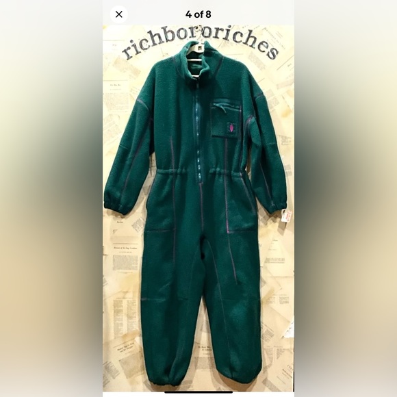 Free People Hit The Slopes Fleece Jumpsuit Emerald Green Pink Zipper - Picture 6 of 8